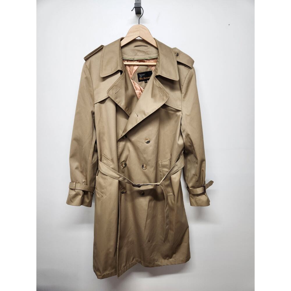 Vintage Tailored For Richman Men's Double Breasted Trench Coat, Size 42R, In Tan